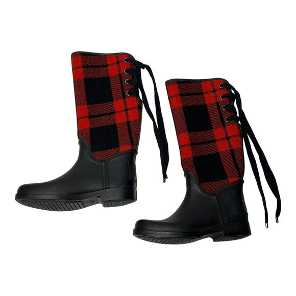 Coach Tristee Rain Boots Red/Black Buffalo Plaid Women’s Winter 7 B Fleece-Lined - Picture 1 of 7